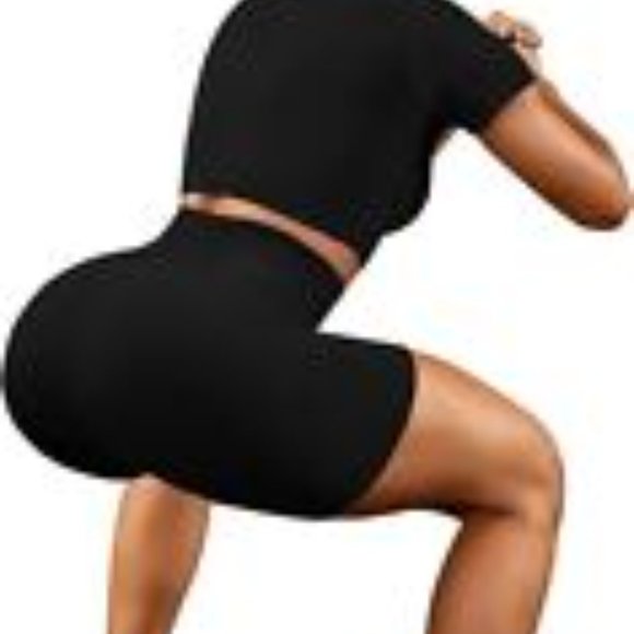 Womens 2 PC Workout Set Seamless Ribbed Half Zip Crop Top & High Waisted Shorts - Picture 10 of 10